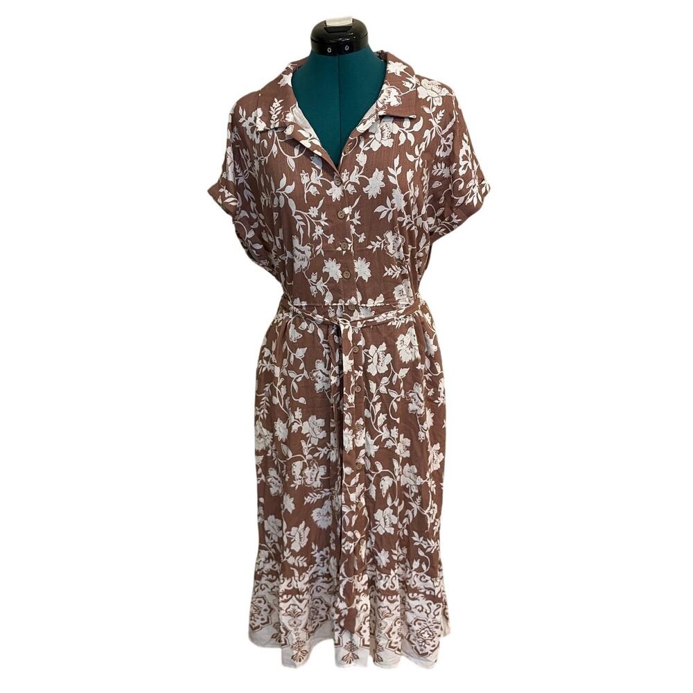 Lucky Brand NWT Floral Shirt Dress Midi Long‎ Sleeve Button Front Tie Waist 1X